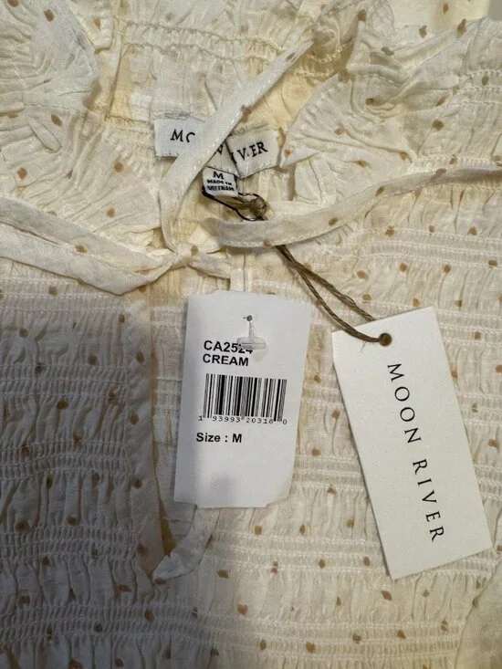 Moon River Womens Smocked Milkmaid Maxi Dress M Cream Dot Princess Feminine NEW - Picture 9 of 9